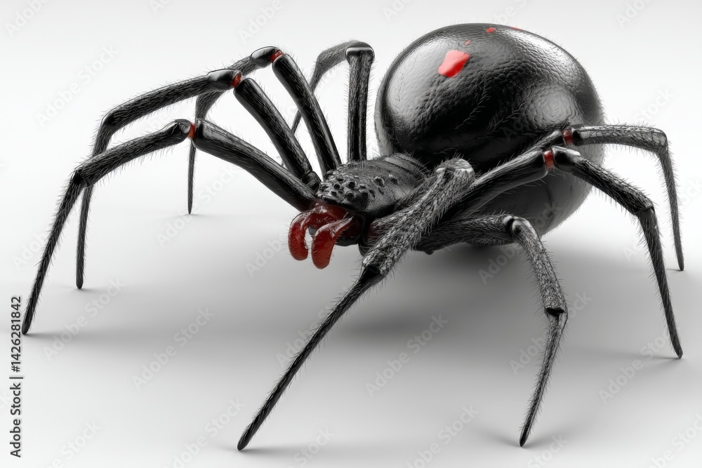 Poster black widow spider crawling on a flat surface with distinct coloring and body shape