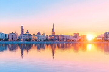 Naklejka premium Serene sunrise cityscape reflected in calm water