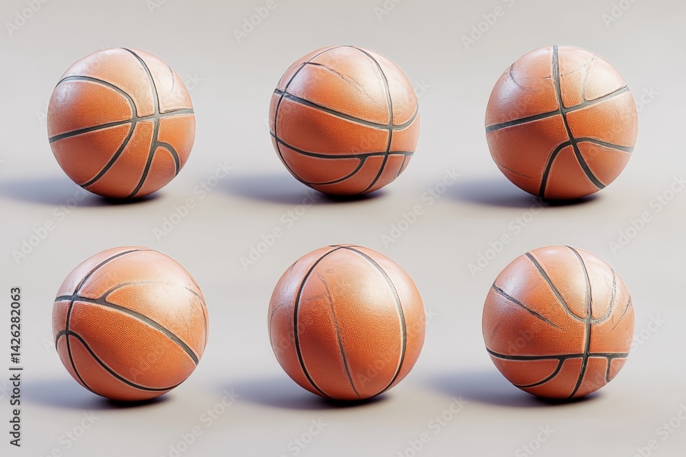 Poster basketballs displayed from multiple angles showcasing their texture and design in a minimalistic set