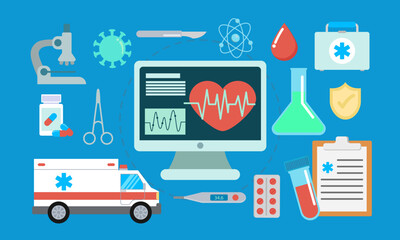 Healthcare icons showing heartbeat on computer screen and ambulance