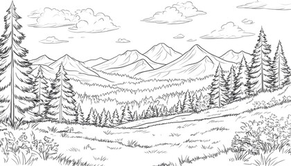 Sketchy mountain landscape with pine trees and meadow