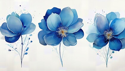 Vibrant Blue Watercolor Triptych A Whimsical Flower Symphony in Soft Hues, Blending Abstract Expressionism and Natures Beauty, Evoking Serenity and Inspiring Creativity.