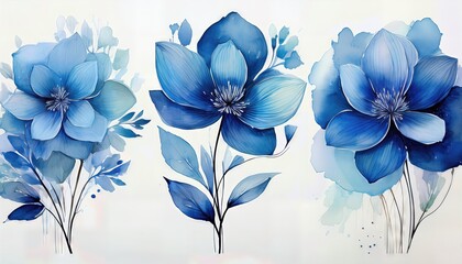 Abstract Watercolor Set of Three Blue Flowers Vibrant Swirls Echoing an Ethereal Dreamscape, Offering Tranquility and Serenity