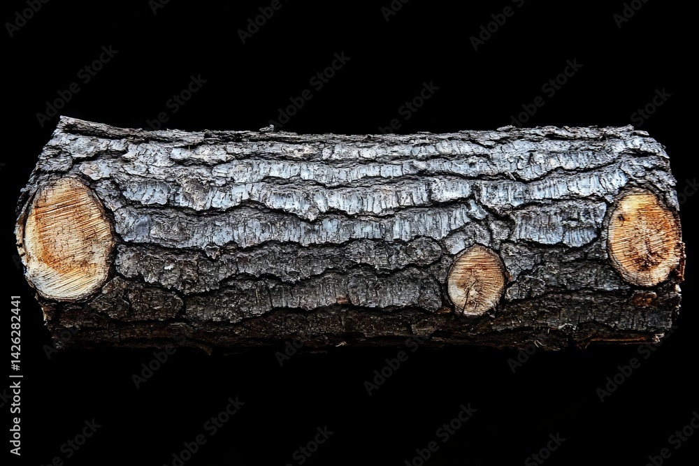 Poster natural wooden log with intricate bark textures displayed on a plain black background highlighting i
