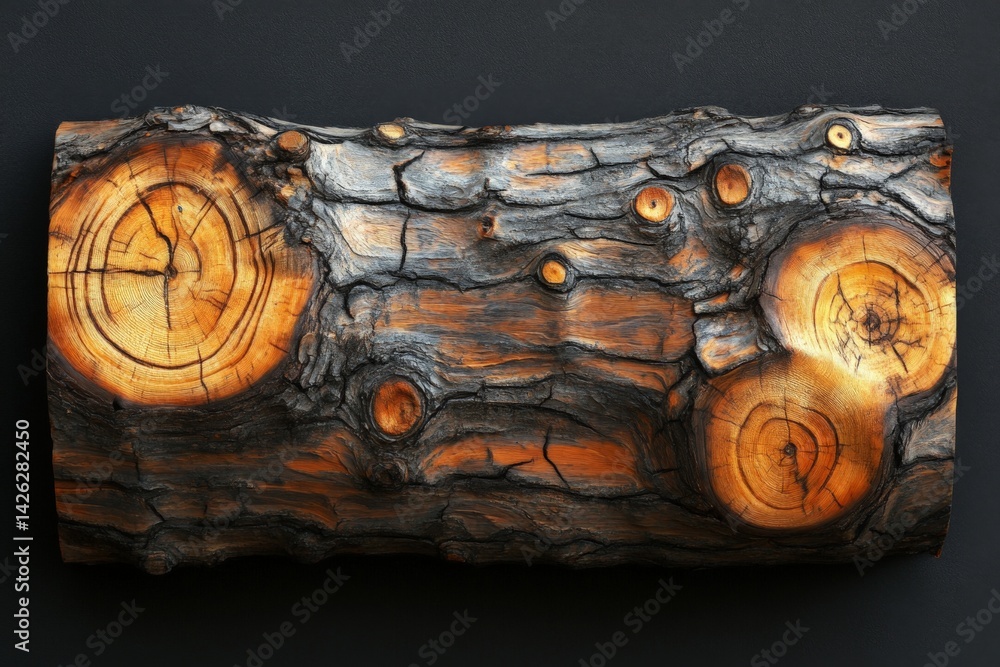 Aufkleber beautifully textured wooden log showcasing natural patterns and rich colors displayed against a dark