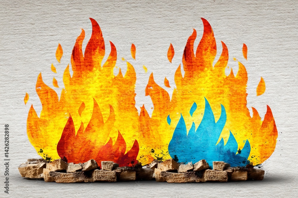 Aufkleber colorful flames flickering above logs in a playful representation of fire on a textured background