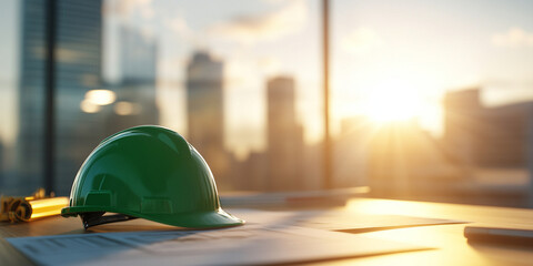 close up of green construction helmet on wooden table, illuminated by warm glow of sunset through large windows, creating professional and inspiring atmosphere