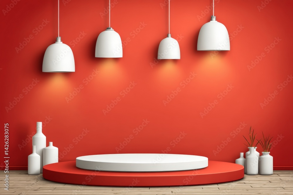 Poster elegant display stage with red background and modern lighting in contemporary setting