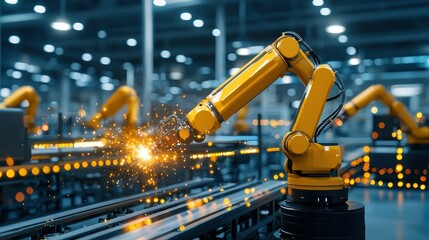 A yellow industrial robot arm welding in a modern manufacturing facility.
