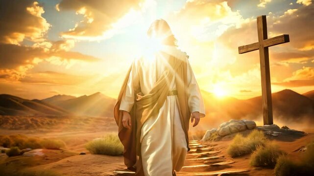 Jesus Christ walking with sun rays in white robe 4K