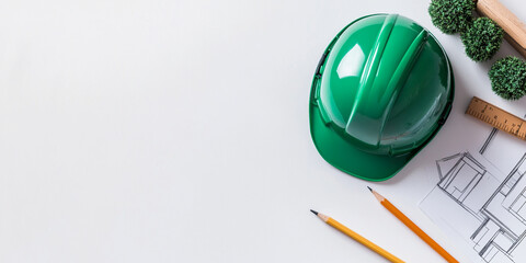 green construction helmet rests beside architectural sketches, pencils, and decorative plants, creating professional and creative workspace atmosphere