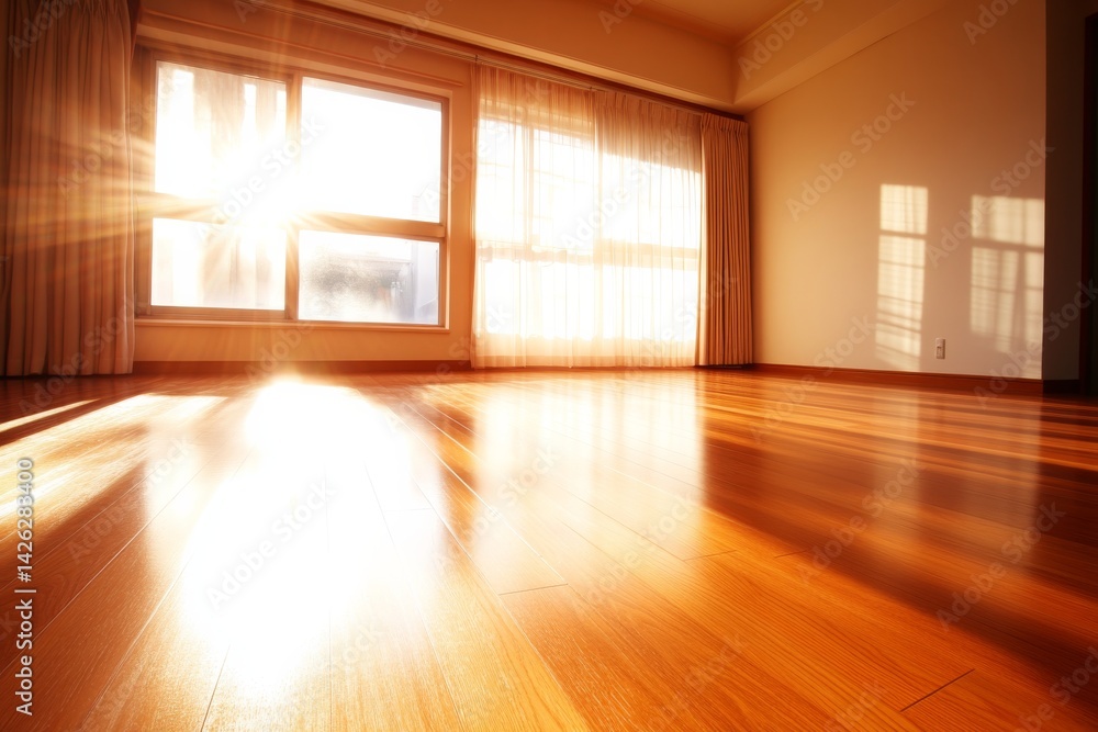 Poster Sunlight pours through a large side window, casting soft shadows on the wooden floor of an empty room decorated in earthy tones with minimalist style