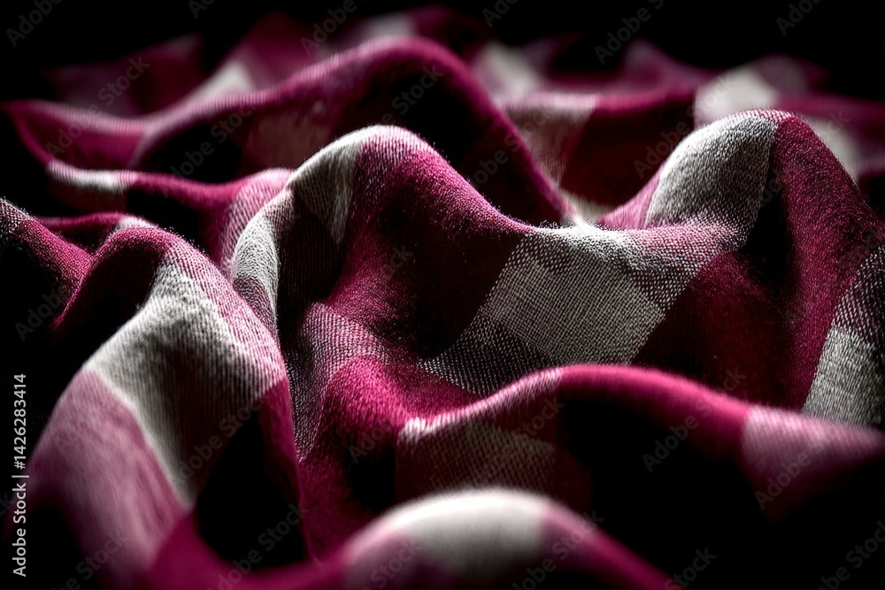 Poster textured fabric in deep red and gray, showcasing intricate patterns and folds under soft lighting