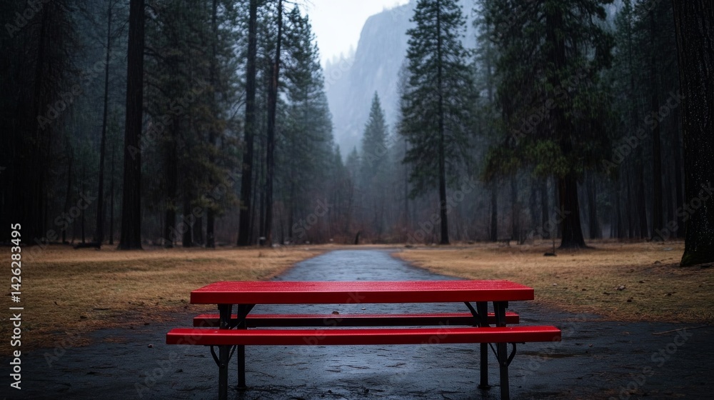 Aufkleber An empty forest campsite features a striking red picnic table surrounded by lofty pine trees, enveloped in morning mist with distant mountains softly illuminated