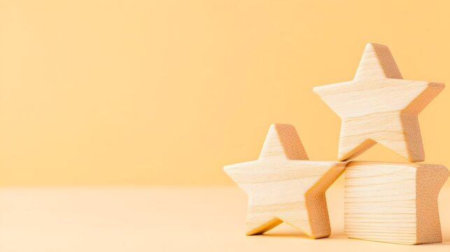Two wooden stars and a block on a pale orange background
