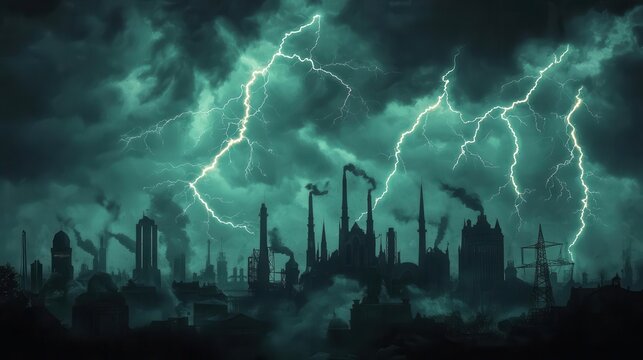 Steampunk city powered by glowing energy crystals, lightning rods capturing electrical currents from stormy skies