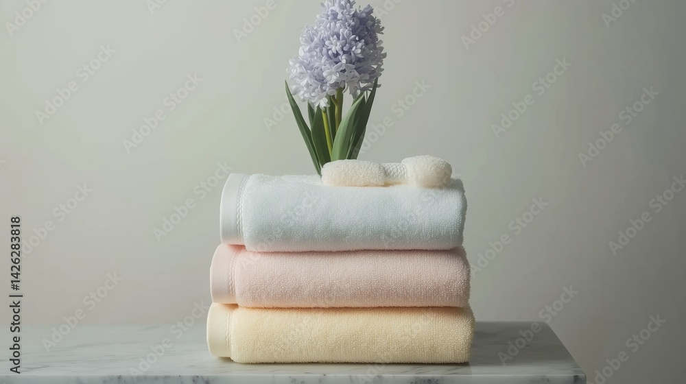 Poster stacked bath towels with fresh flowers on a marble surface create a serene spa-like atmosphere in a 