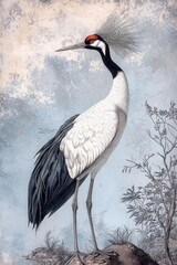 A highly detailed vintage scientific illustration of an crane bird, in the style , 19th century ornithological print, naturalistic pose, fine feather texture, soft pastel background with wetland scene