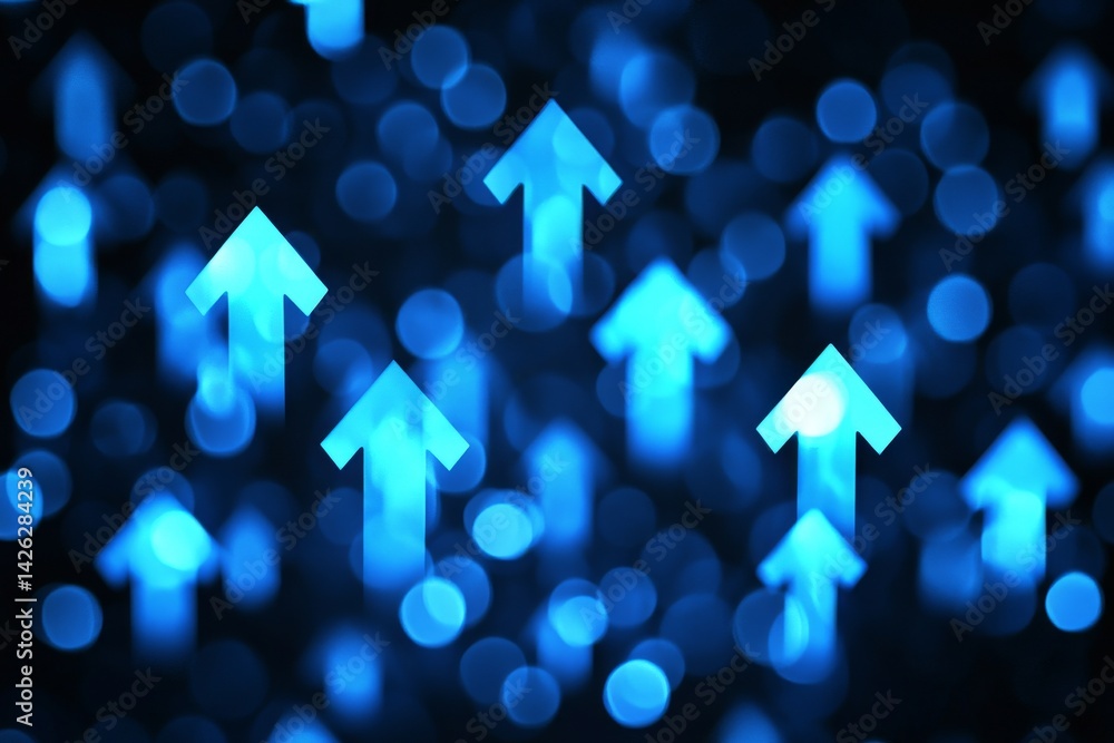 Poster a digital background featuring abstract elements and radiant blue arrows that ascend in a dazzling s
