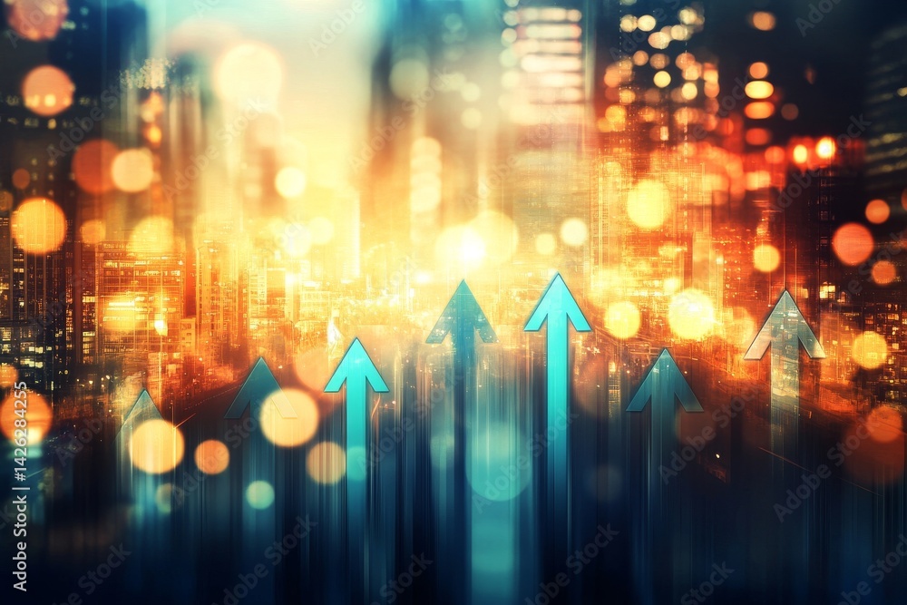 Poster an abstract digital background with a shimmering quality and glowing blue arrows that point upwards 