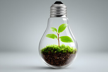 Eco-friendly light bulb with plant, contemporary design showcasing growth and sustainability, perfect for green initiatives.