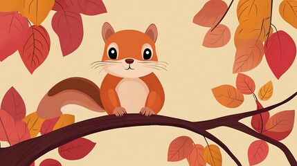 Cute Squirrel Autumn Branch Leaves.