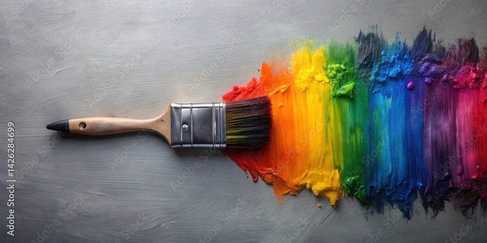 Poster A paintbrush rests against a vibrant spectrum of colors, creating a dynamic and artistic composition