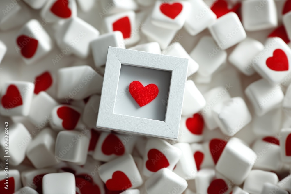 Poster display of white candy cubes with a red heart centerpiece in a decorative frame on a neutral backgro