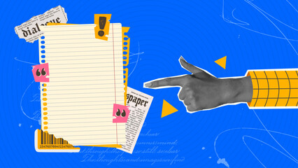 Trendy Paper Scrap Halftone Collage Background. Playful collage with a pointing hand, notebook paper, quotes, and newspaper scraps on a blue background. A mix of retro, editorial, and creative design.