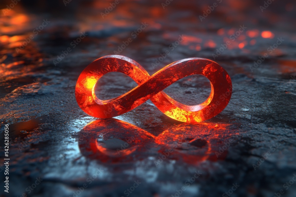 Poster Red infinity symbol with glowing effects on a dark, textured surface during an artistic display of light and shadow