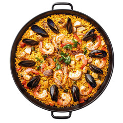 Delicious seafood paella prepared with fresh ingredients in a large black pan on a sunny afternoon