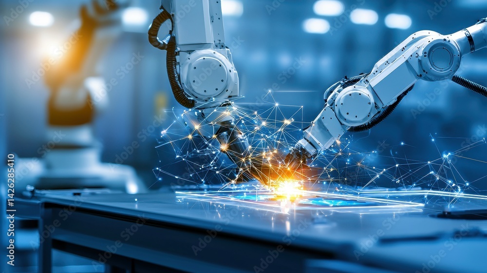 Poster advanced robotic arms working collaboratively in a high-tech industrial setting.