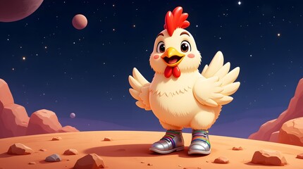 A cheerful chicken takes a stroll on a Martian landscape under a starry sky, wearing colorful boots. This adorable avian adventurer explores the cosmos with a joyful expression.