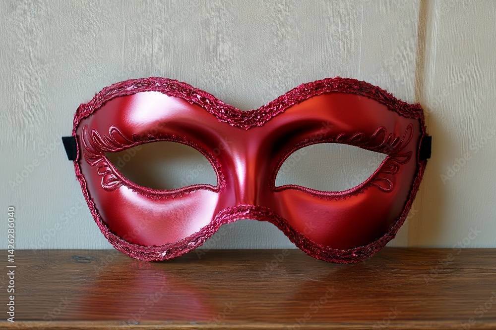 Poster Red masquerade mask resting on wooden surface, showcasing intricate design and vibrant color in an elegant display