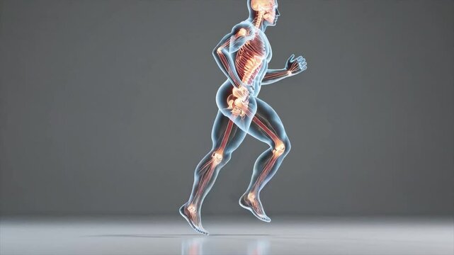 CGI animation of a man running in a cardio exercise, showcasing cardiovascular health, medical anatomy, and the skeletal system in motion.