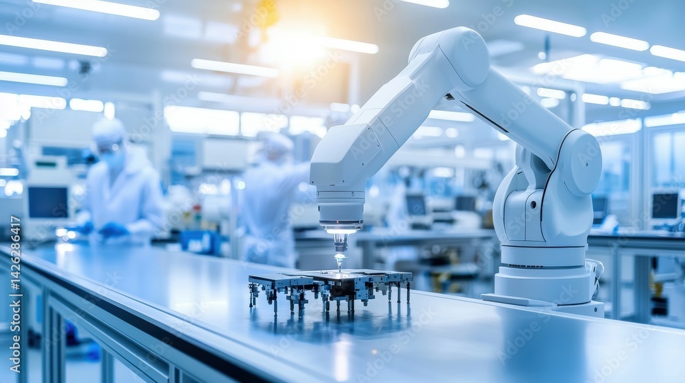 Poster automated robotic arm assembling electronic components in a clean room environment.