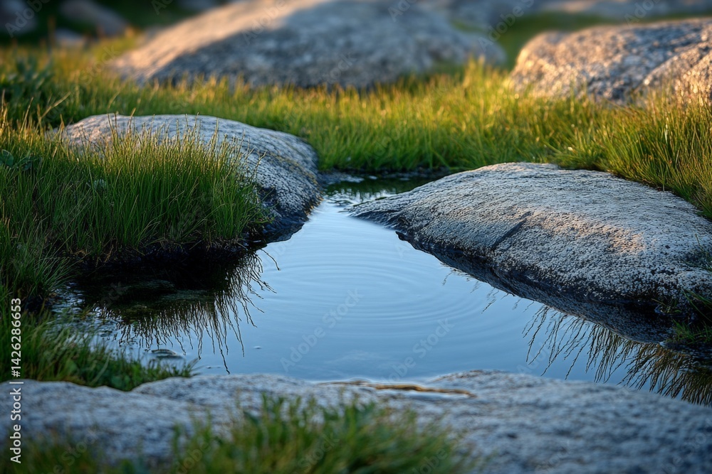 Poster serene water pool reflecting stones and grass in a tranquil natural setting during golden hour