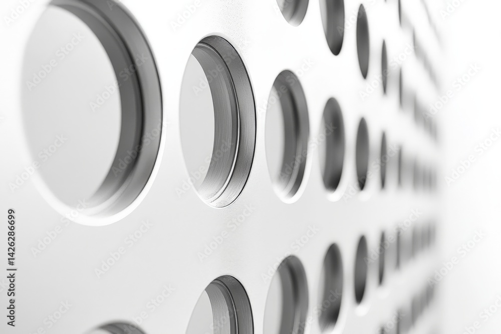 Poster close-up view of a textured metallic wall featuring circular cutouts against a white background