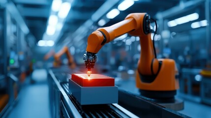 Fototapeta premium An orange robotic arm efficiently handling products in a modern industrial setting.