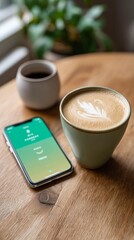 On a cozy wooden table, a smartphone displays an AI mood tracker app next to a beautifully crafted coffee. The ambiance invites peaceful introspection and self-discovery