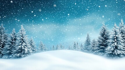 Fototapeta premium Winter Wonderland Snowy Landscape with Snowflakes and Evergreen Pine Trees