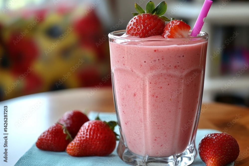 Poster refreshing strawberry smoothie served with fresh strawberries in a cozy indoor setting