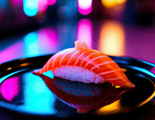 Single Salmon Nigiri Under Neon Lights — Urban Japanese Food Art