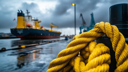Heavy-duty hydraulic winch mounted on vessel deck, vibrant yellow mooring ropes spooling neatly as ship docks at bustling port under cloudy skies