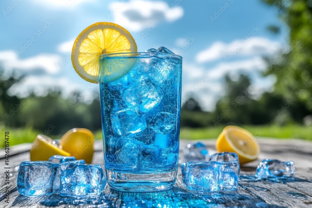 Poster refreshing blue drink with ice and lemon slice in a sunny outdoor setting in summer