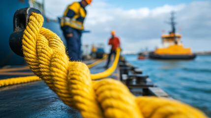 Marine hydraulic winch in action during ship unloading, yellow rope extends across the deck toward dockside, maritime crew coordinating operations in background