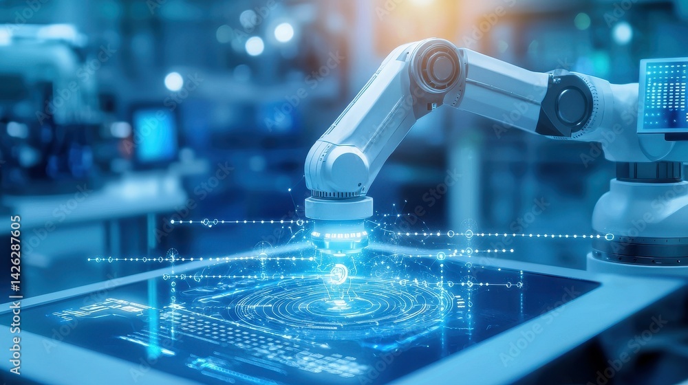 Poster a robotic arm interacting with a holographic display in a modern tech environment.