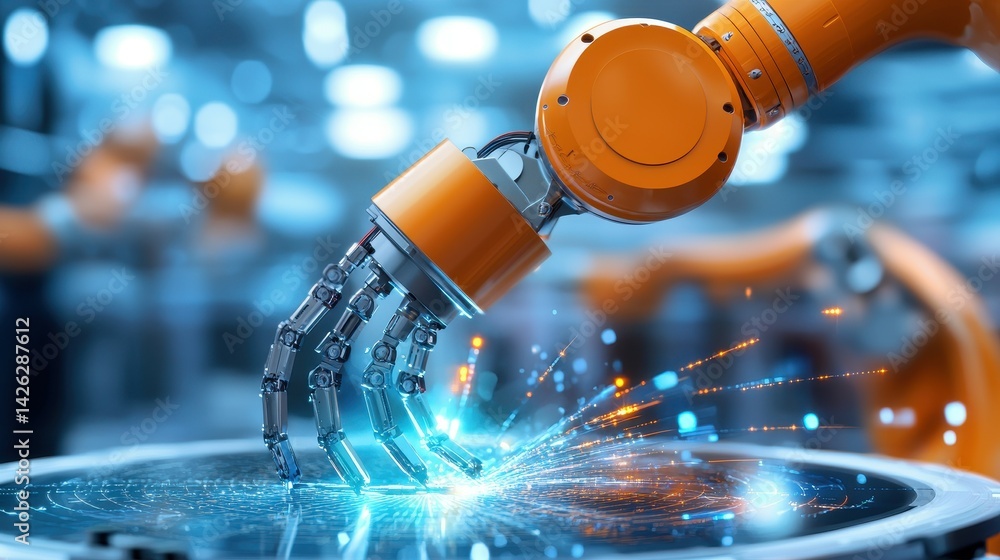Poster an orange robotic arm working on a high-tech assembly line.