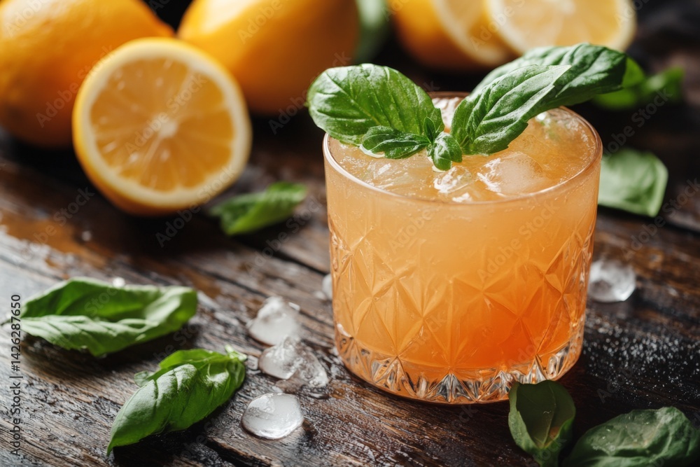 Poster refreshing citrus cocktail garnished with fresh basil on wooden table with lemons in background