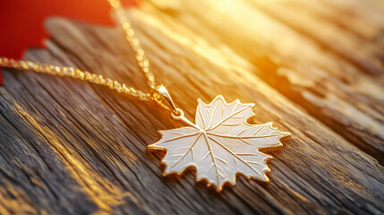 Glowing maple leaf pendant on rustic wood, warm sunlight and soft bokeh, embodying Canadian pride and serenity.
